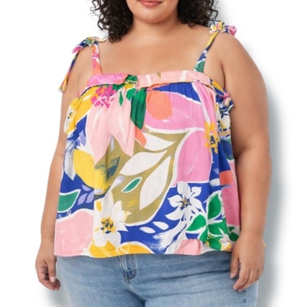 Eloquii Elements Tropical Floral Tie Strap Babydoll Tank Top Plus Size 22 Vacay